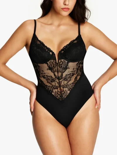 Lace Deep-V Cami Thong Bodysuit