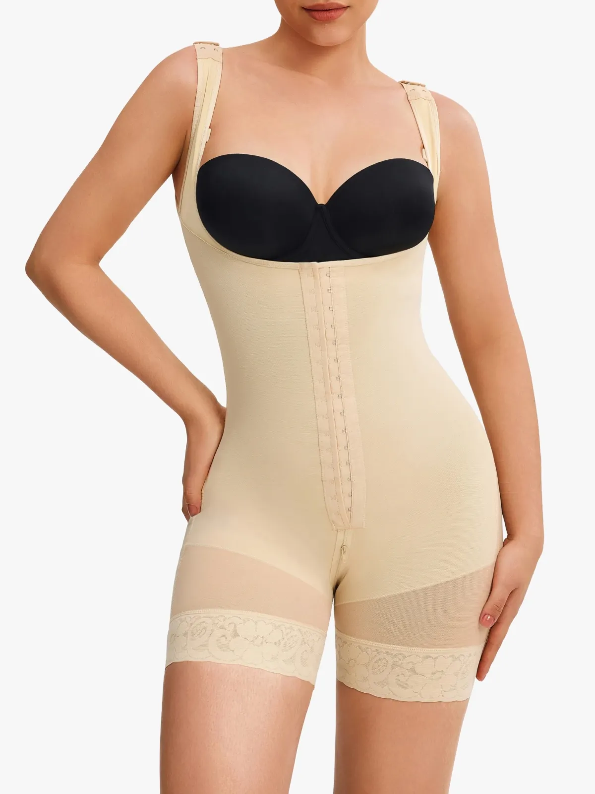 Mesh Open-Bust Tummy Control Mid-Thigh Bodysuit