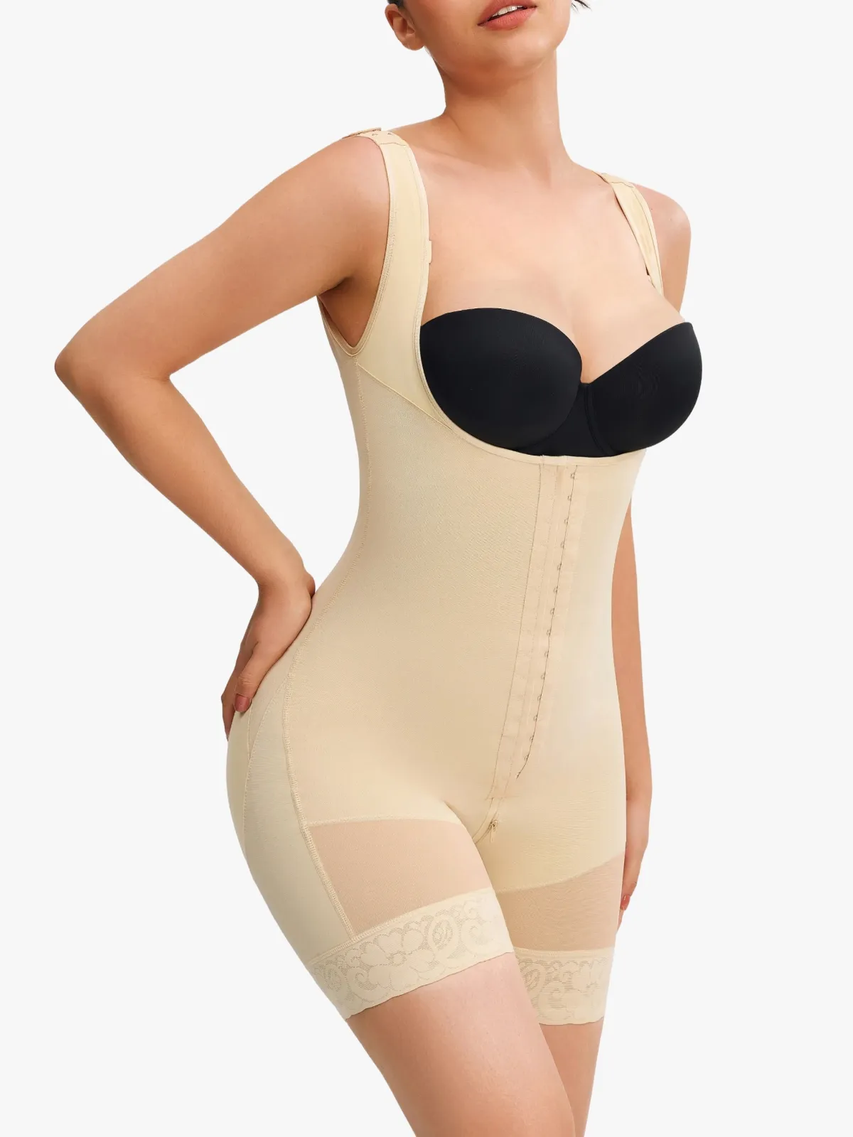 Mesh Open-Bust Tummy Control Mid-Thigh Bodysuit