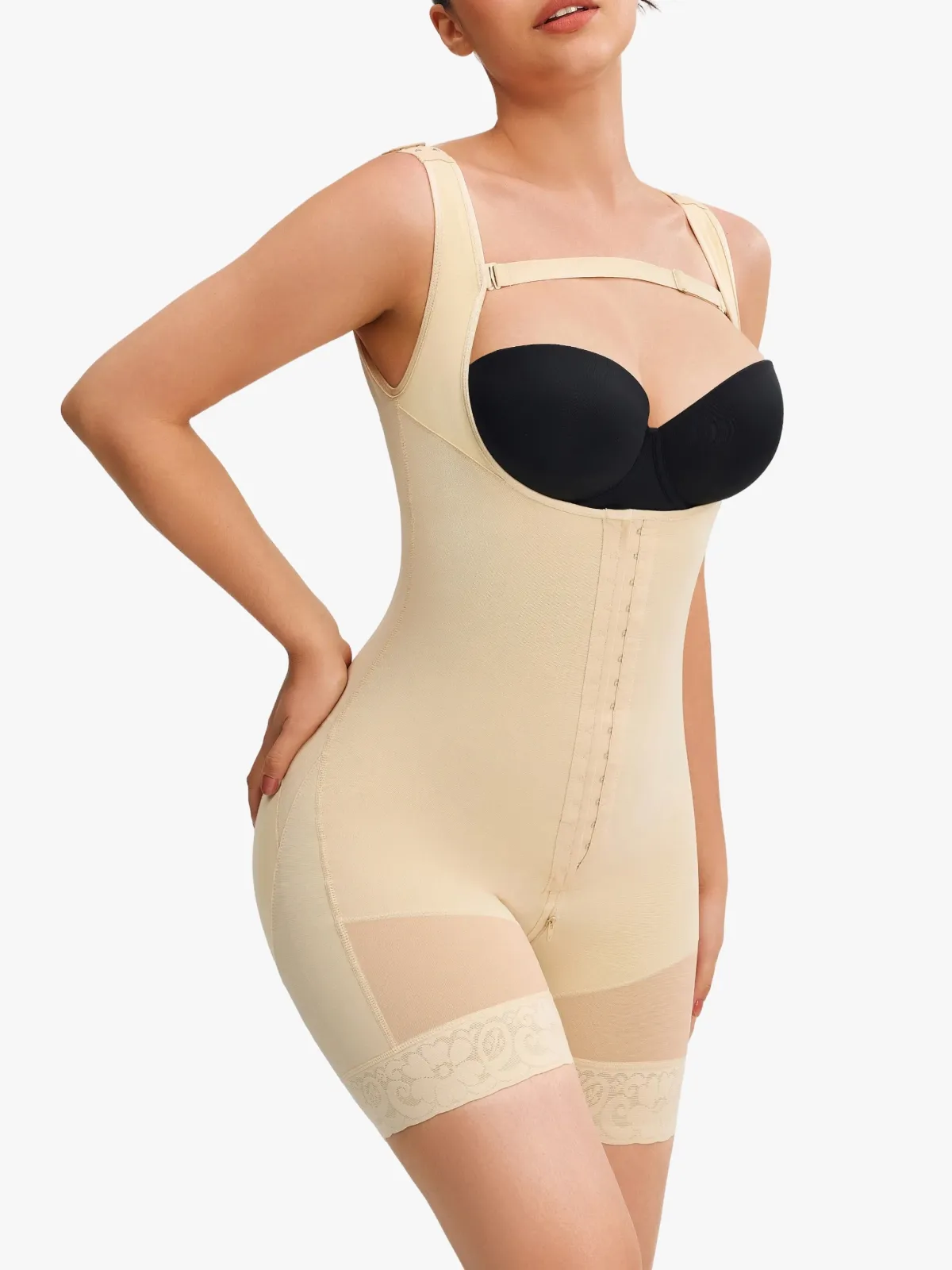 Mesh Open-Bust Tummy Control Mid-Thigh Bodysuit