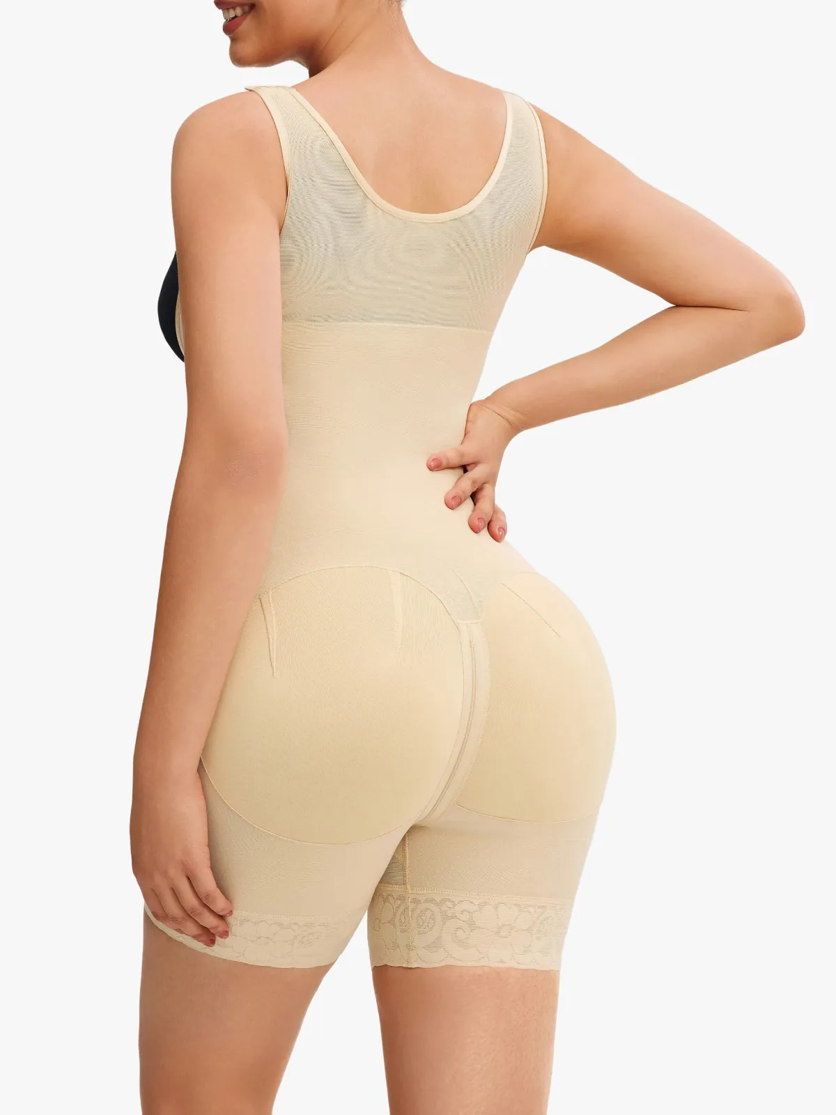 Mesh Open-Bust Tummy Control Mid-Thigh Bodysuit