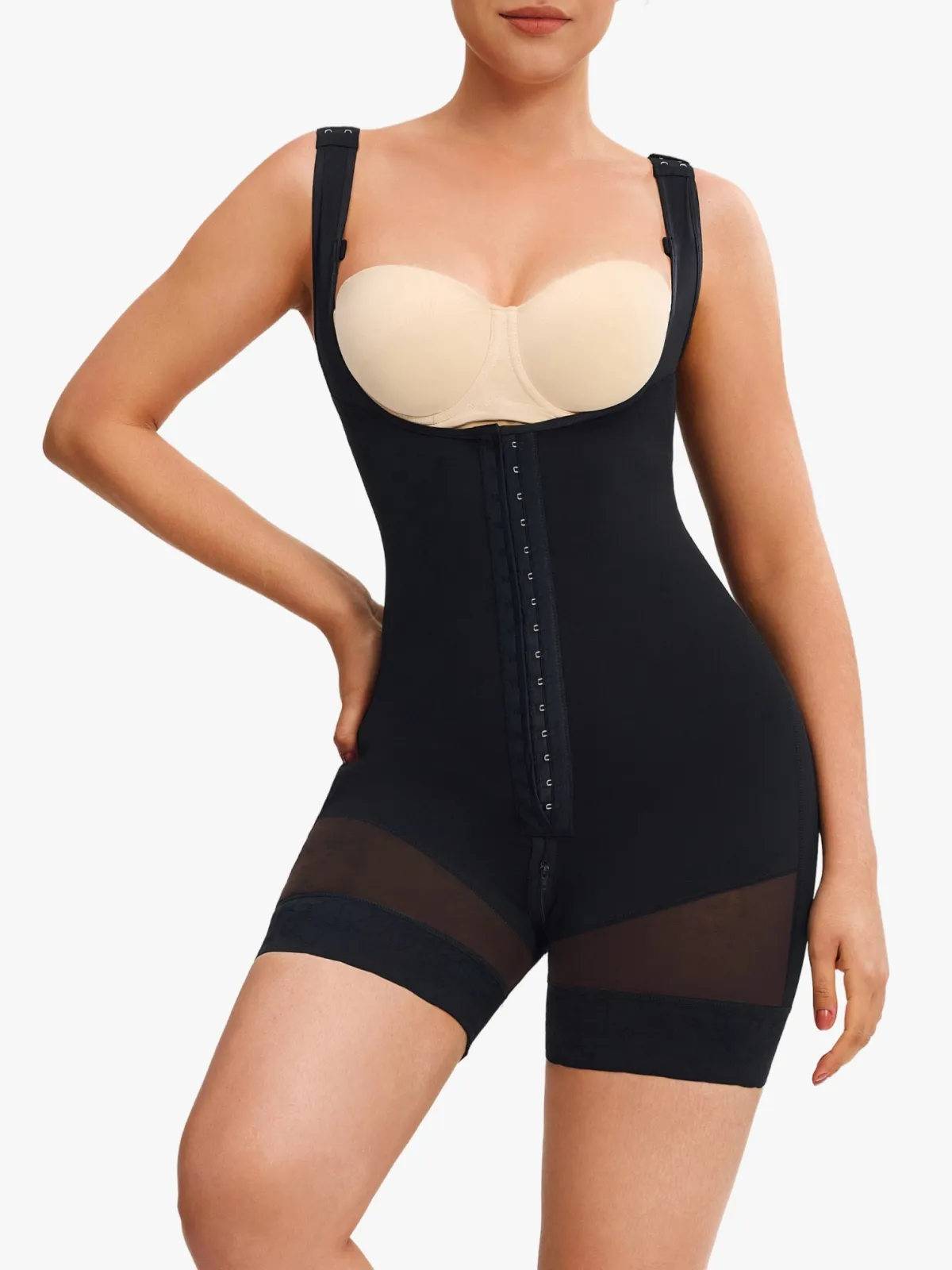 Mesh Open-Bust Tummy Control Mid-Thigh Bodysuit