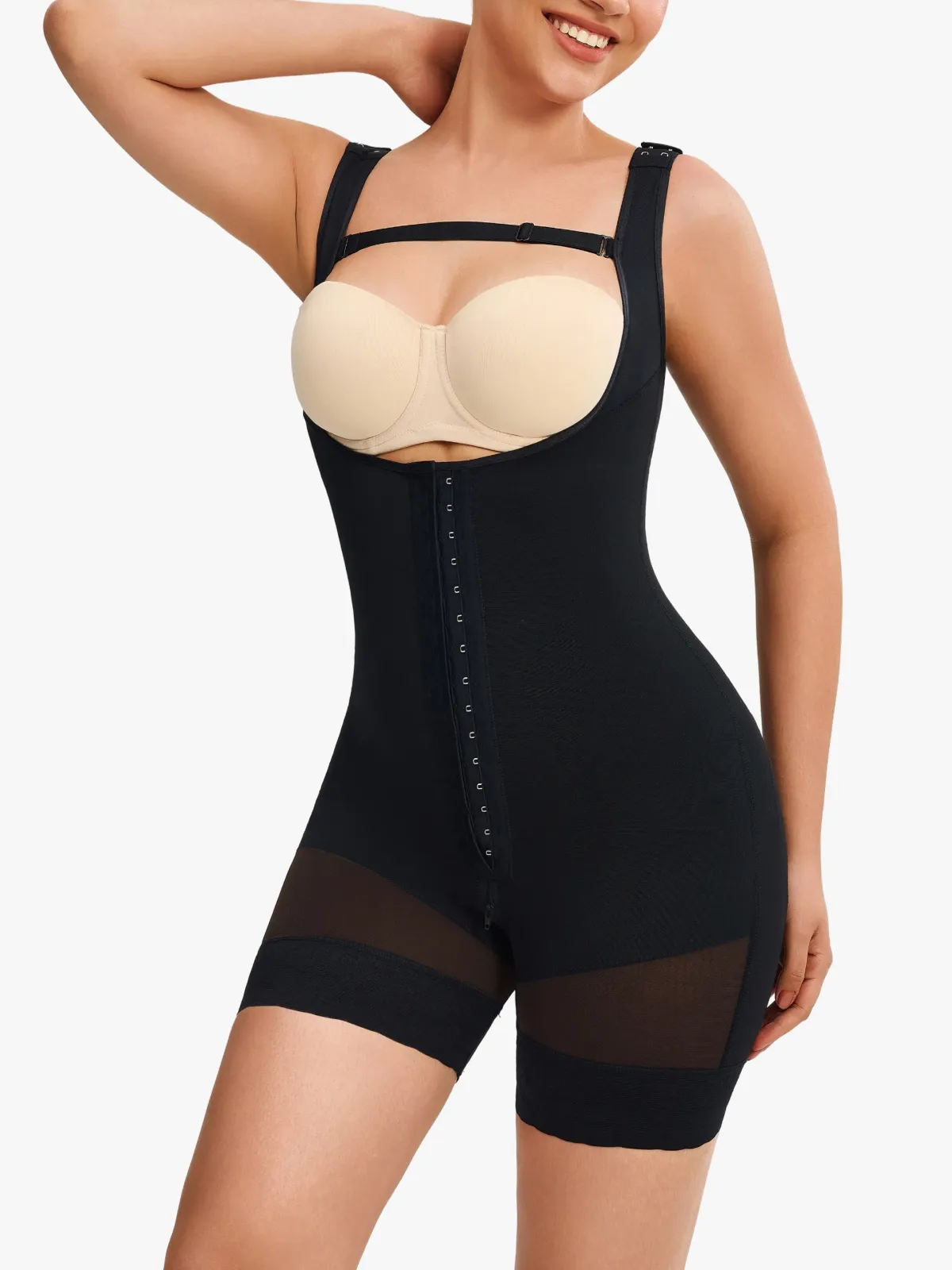 Mesh Open-Bust Tummy Control Mid-Thigh Bodysuit