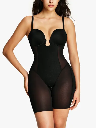 Deep Plunge Cupped Tummy Control Mid-Thigh Bodysuit