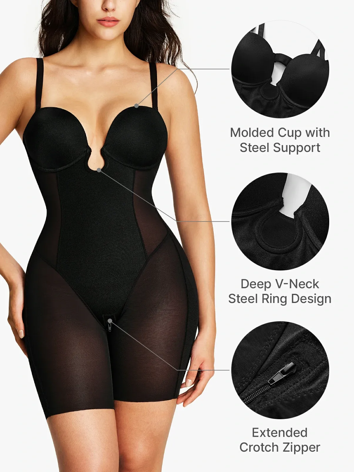 Deep Plunge Cupped Tummy Control Mid-Thigh Bodysuit