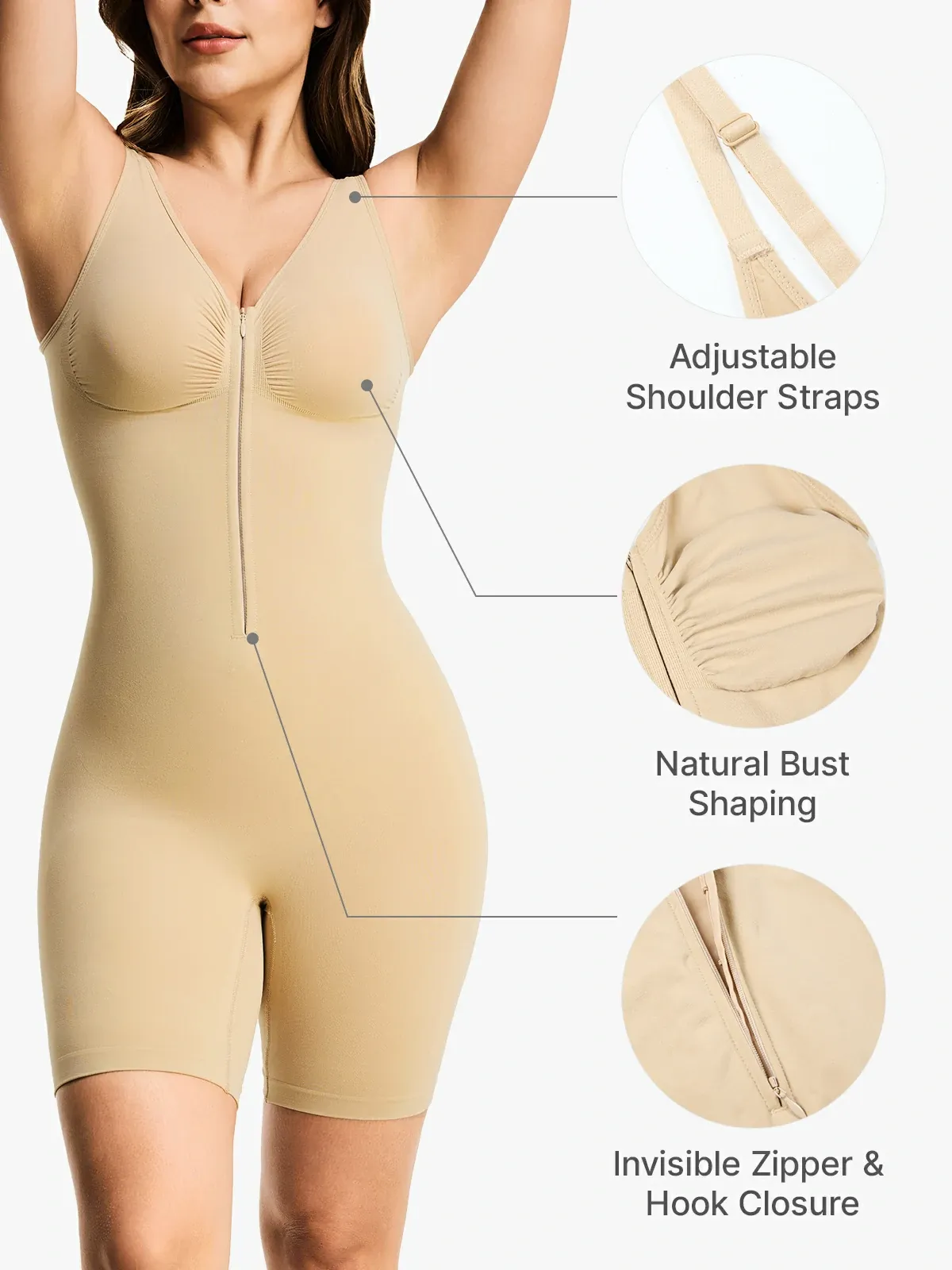 Seamless Front Zip Tummy ControL Mid-Thigh Bodysuit