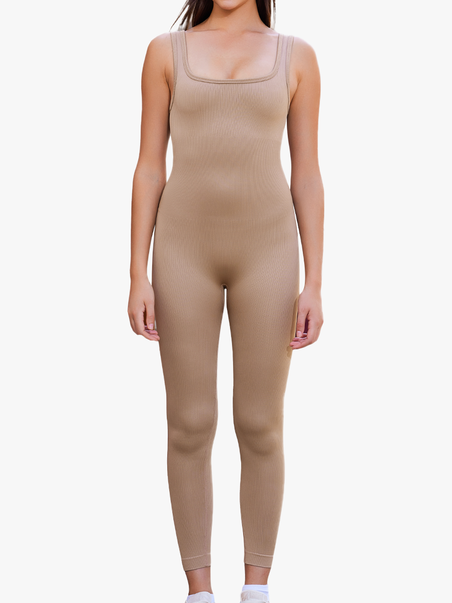 Square Neck Ribbed Sleeveless Full Body Bodysuits-Brabic