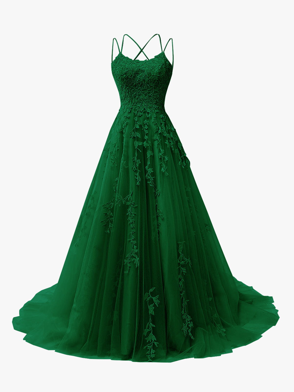 A-Line Spaghetti Straps Open Back Long Prom Dress with Appliques