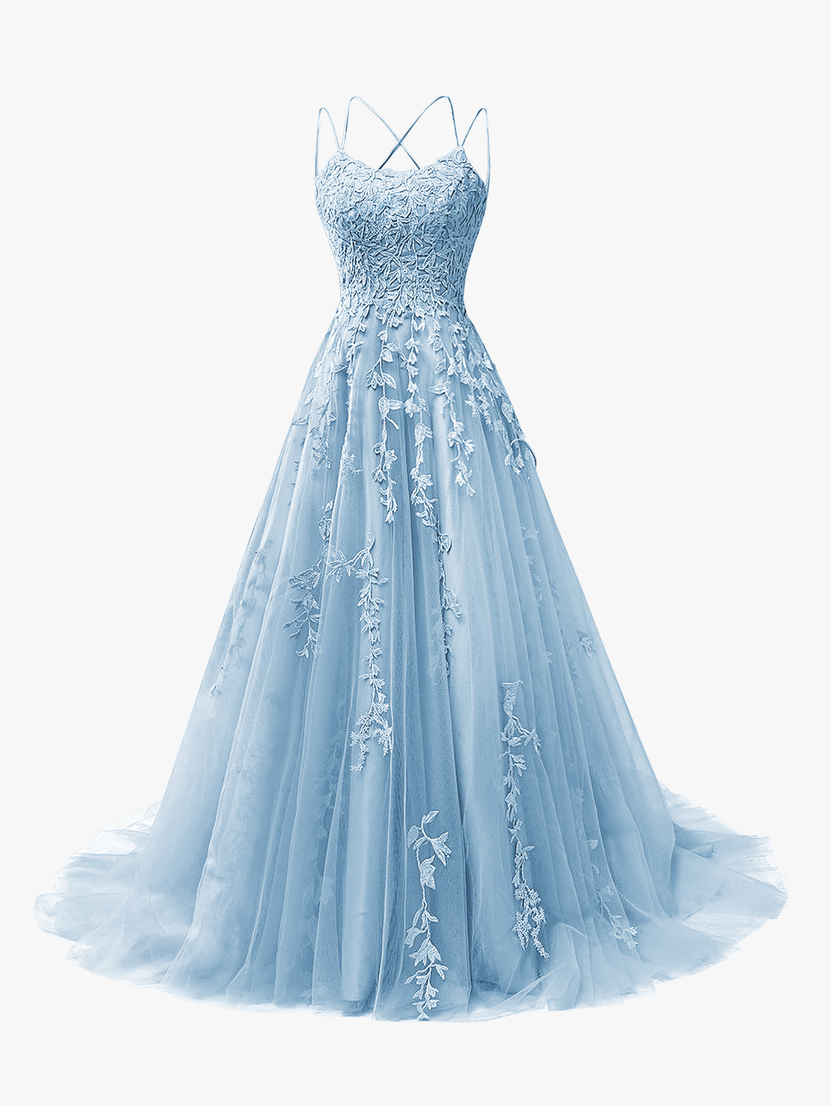 A-Line Spaghetti Straps Open Back Long Prom Dress with Appliques