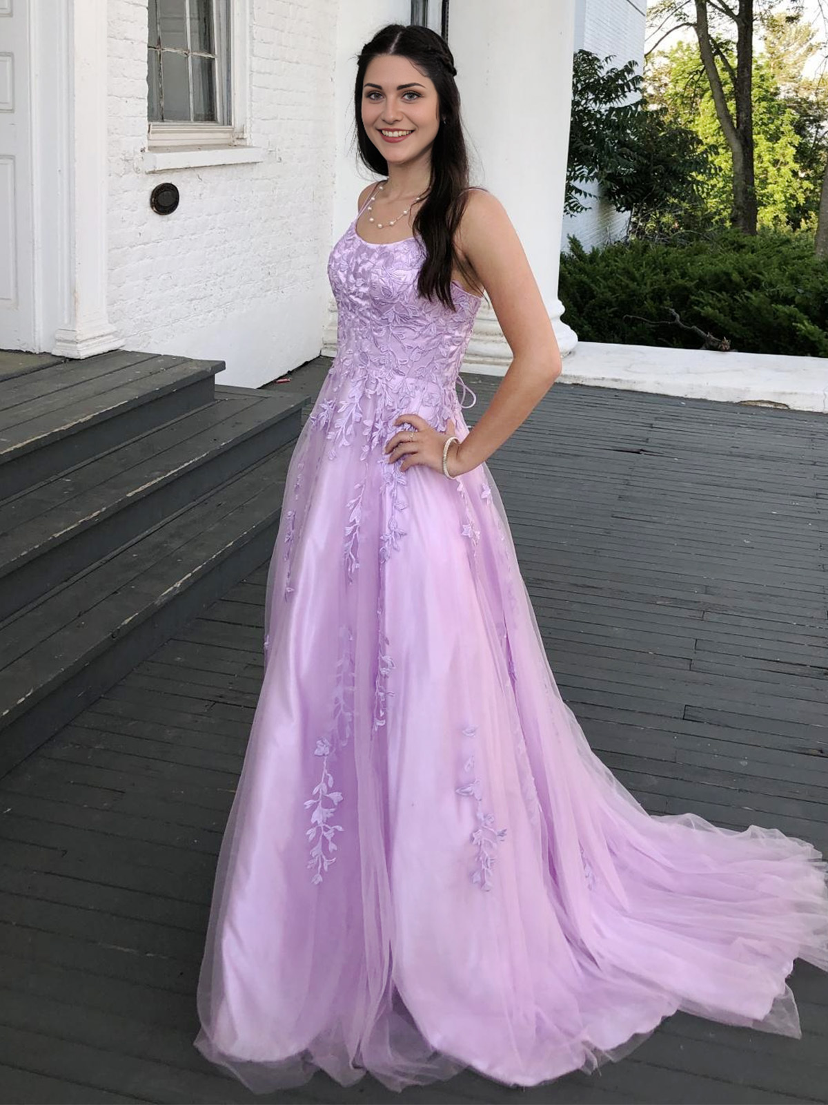 A-Line Spaghetti Straps Open Back Long Prom Dress with Appliques