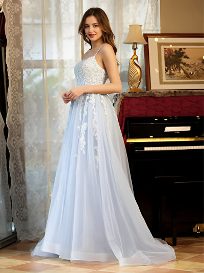 A-Line Spaghetti Straps Open Back Long Prom Dress with Appliques