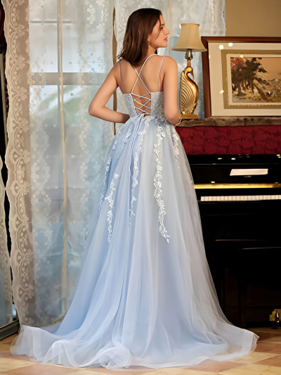 A-Line Spaghetti Straps Open Back Long Prom Dress with Appliques
