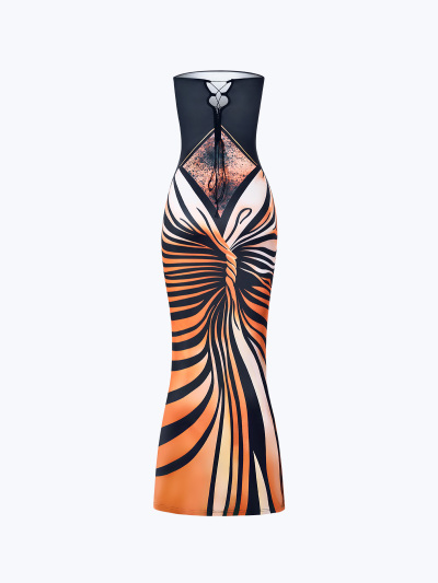 Printed Strapless Strappy Back High Side Slit Maxi Dress 