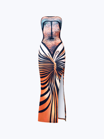 Printed Strapless Strappy Back High Side Slit Maxi Dress 