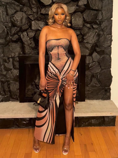 Printed Strapless High Side Slit Maxi Dress 