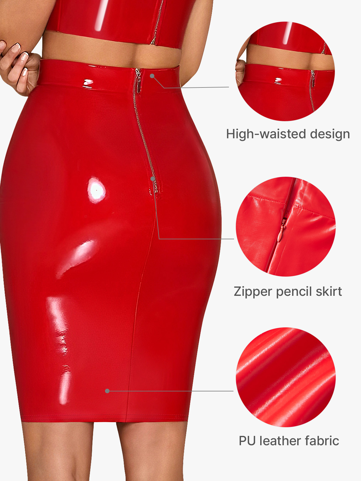 PU Leather High Waist Zipper Pencil Midi Skirt