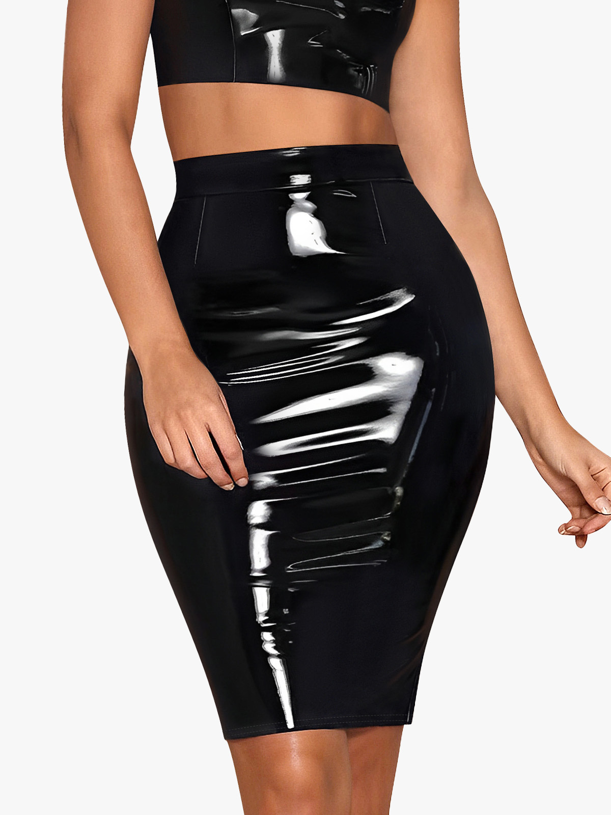 PU Leather High Waist Zipper Pencil Midi Skirt