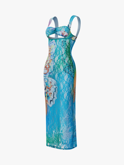 Sheer Butterfly Print Cutout Tube Maxi Dress