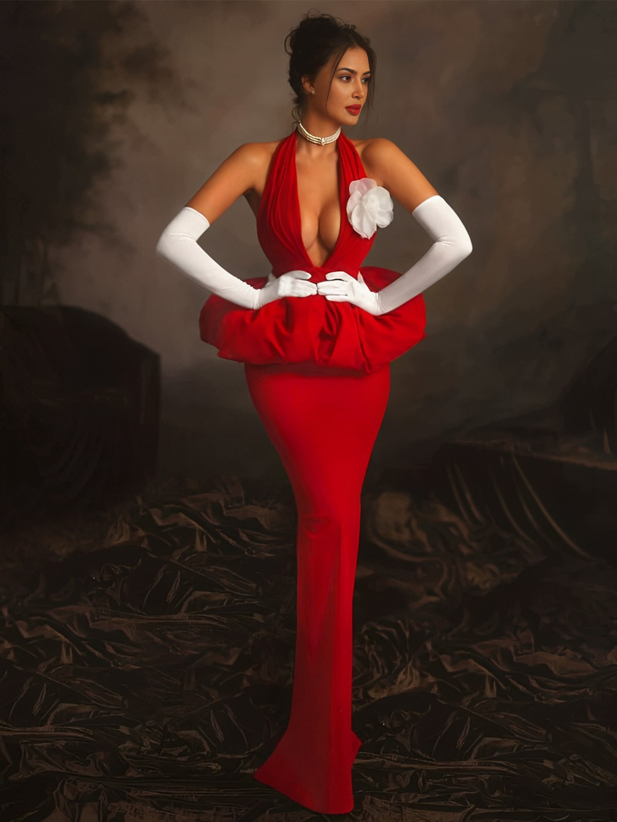 Deep Plunge Halter Back Split Bud Maxi Dress with Formal Gloves