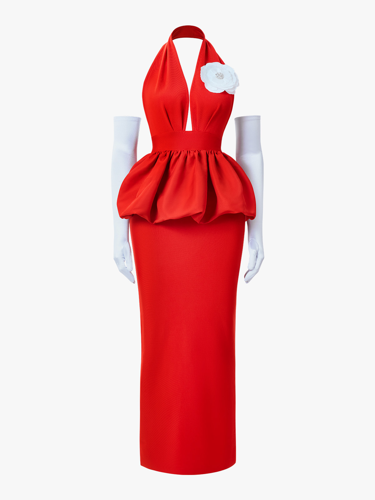 Deep Plunge Halter Back Split Bud Maxi Dress
