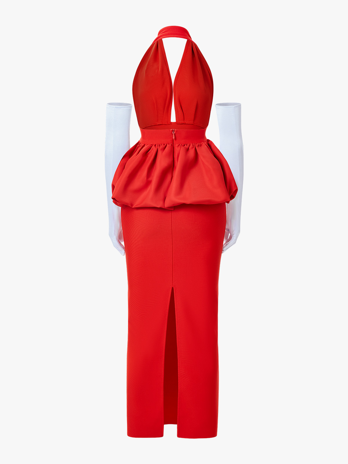 Deep Plunge Halter Back Split Bud Maxi Dress