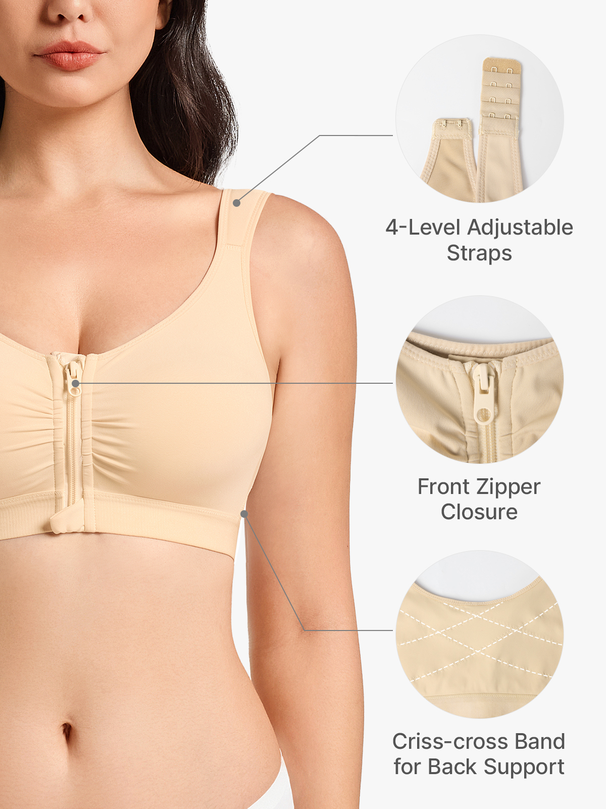 Front Zipper Comfort Wireless Mastectomy Everyday Bra