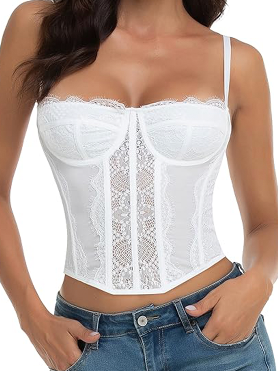 Women's Mesh Lace Slim Fitted Sexy Crop Bustier With Rear Buckle Closure-Brabic