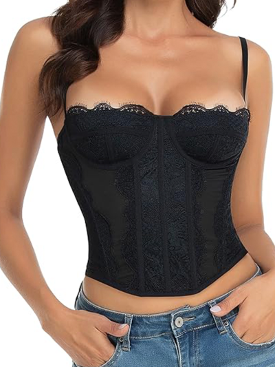 Women's Mesh Lace Slim Fitted Sexy Crop Bustier With Rear Buckle Closure