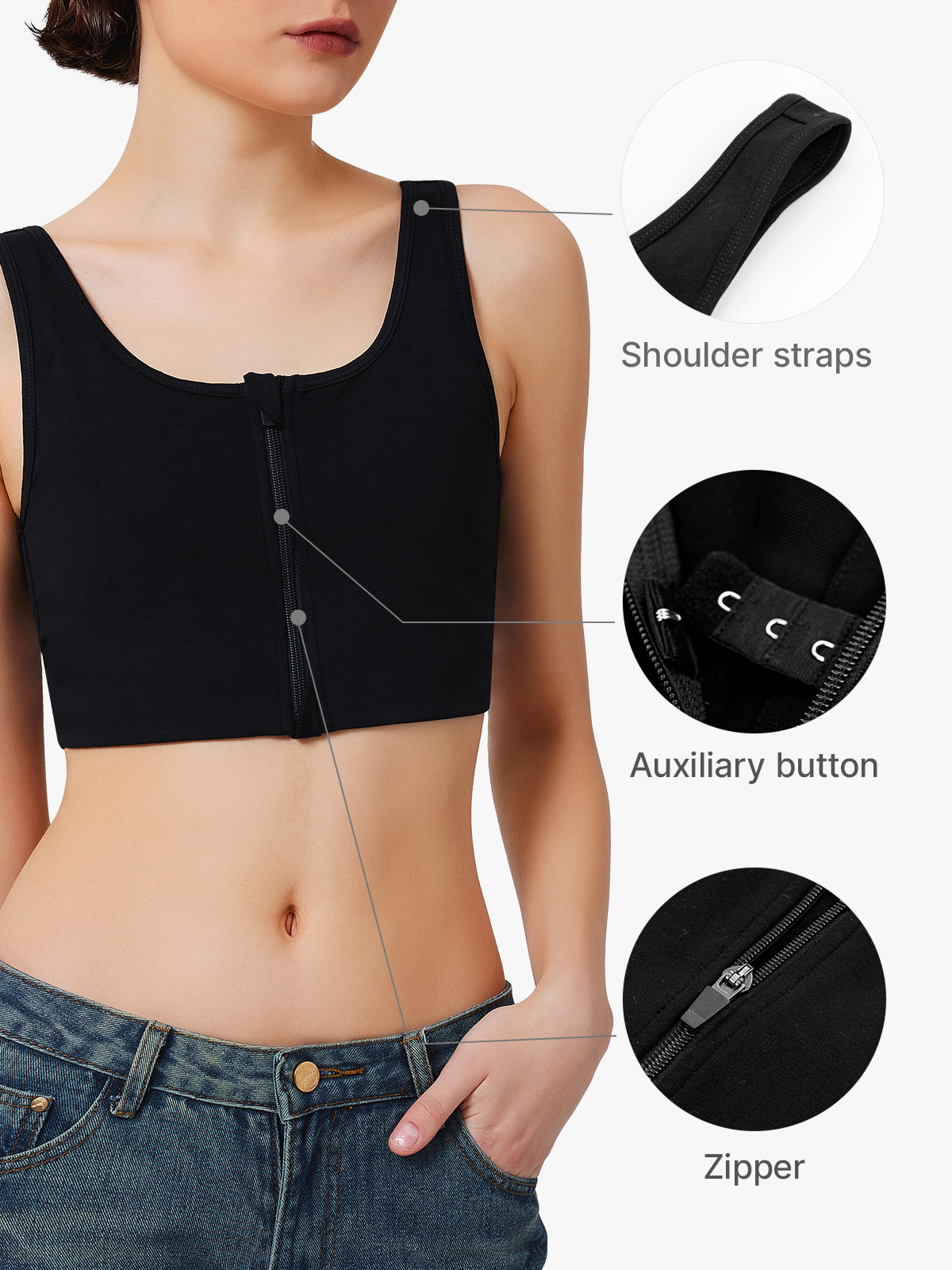 Front Zipper Chest Binder for Tomboy FTM Trans Breathable Half Tank-Brabic