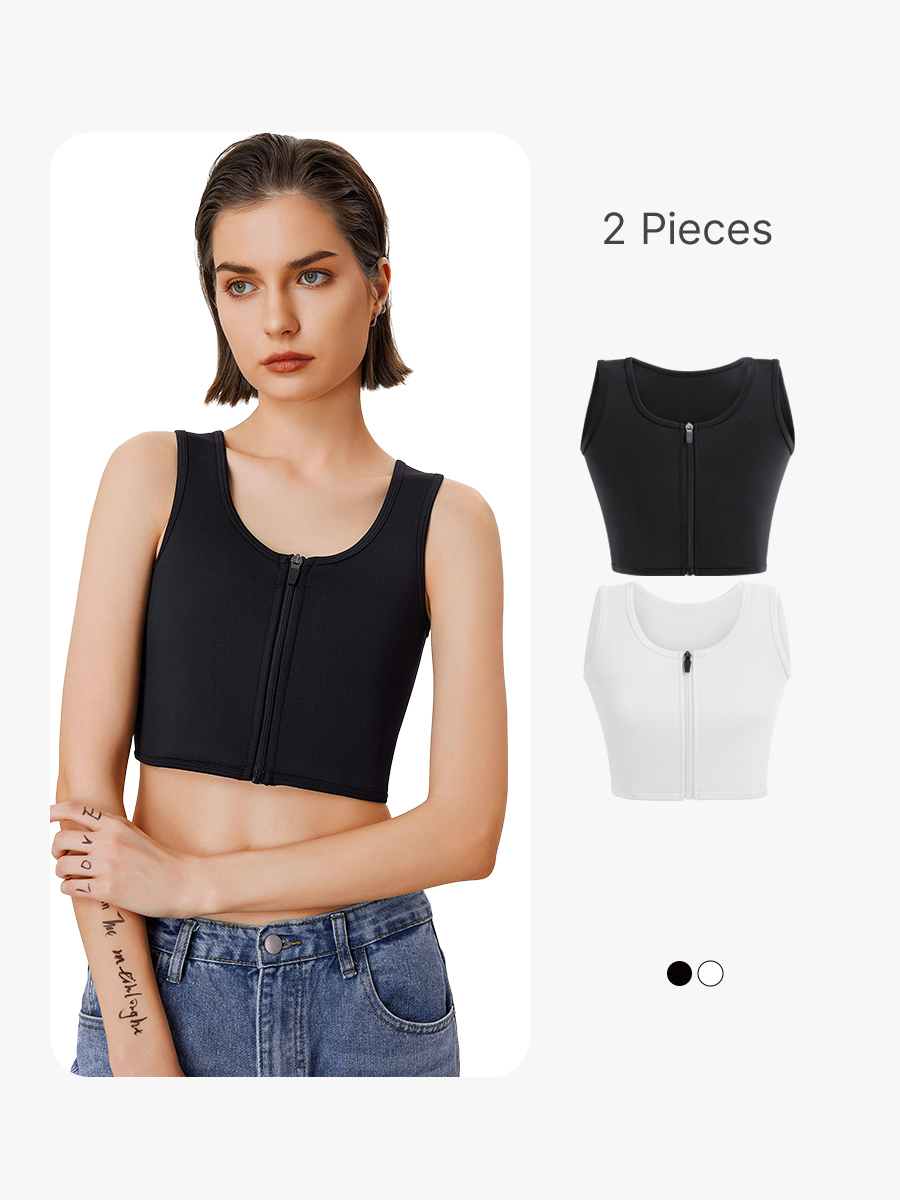 2 Pieces Zip Up Elastic Chest Binder FTM Tomboy Lesbian Compression Sports Bra-Brabic