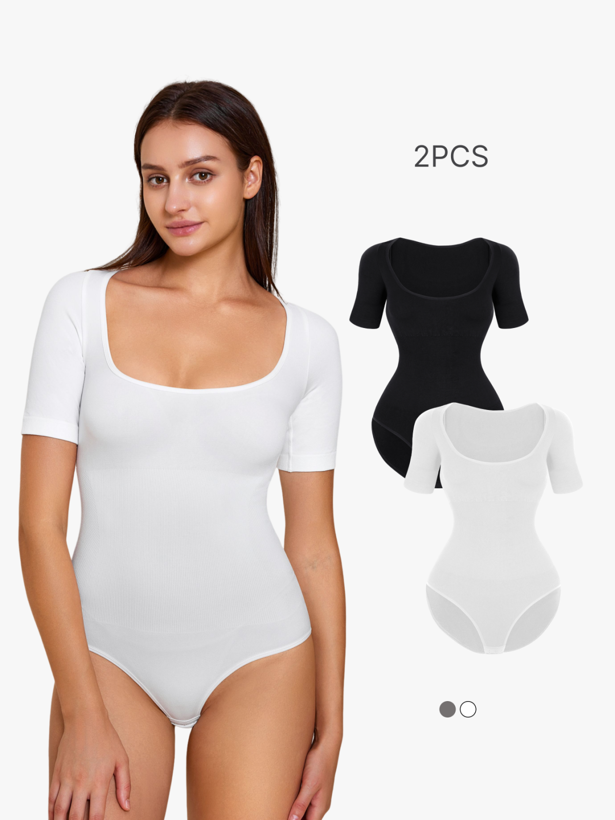 2 Pieces Sexy Ribbed Square Neck Short Sleeve Bodysuits Tops-Brabic