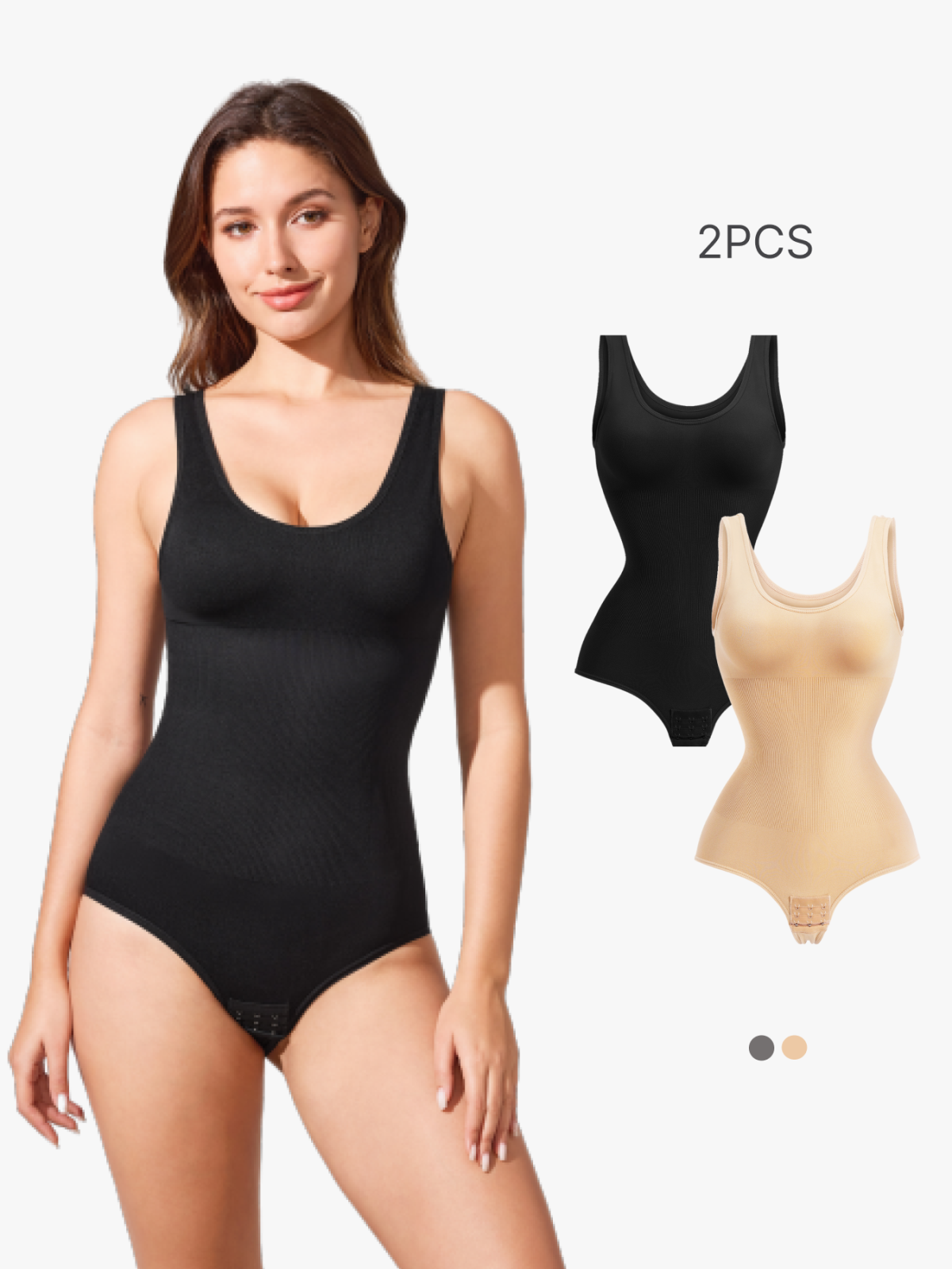  2 Pieces Classic Essential Deep U-Neck Backless Seamless Shapewear Bodysuit with Bottom Hooks-Brabic