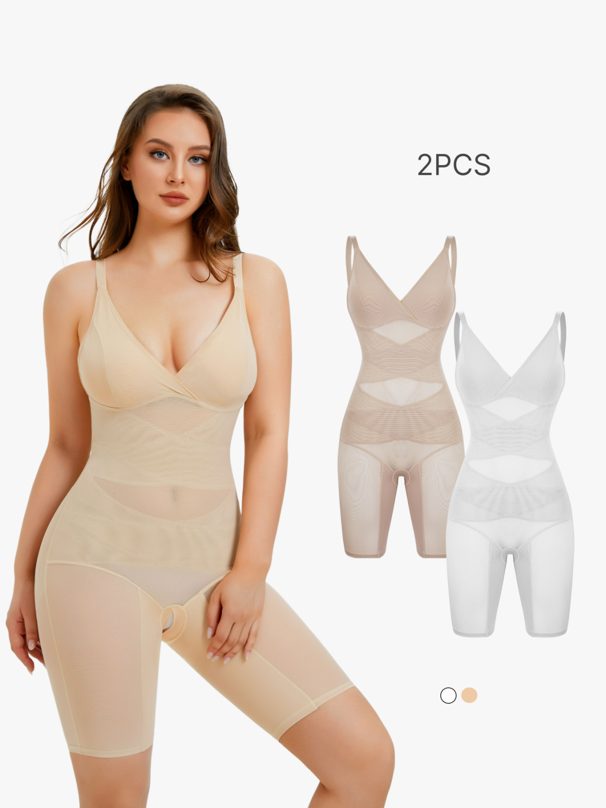2 Pieces V Neck Sleeveless Mesh Bodysuit Tummy Control Full Body Shapewear-Brabic