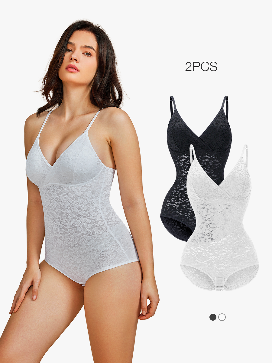 BRABIC 2 Piece Set Lace Bodysuit for Women Tummy Control Shapewear V-Neck Backless Shaper BO023