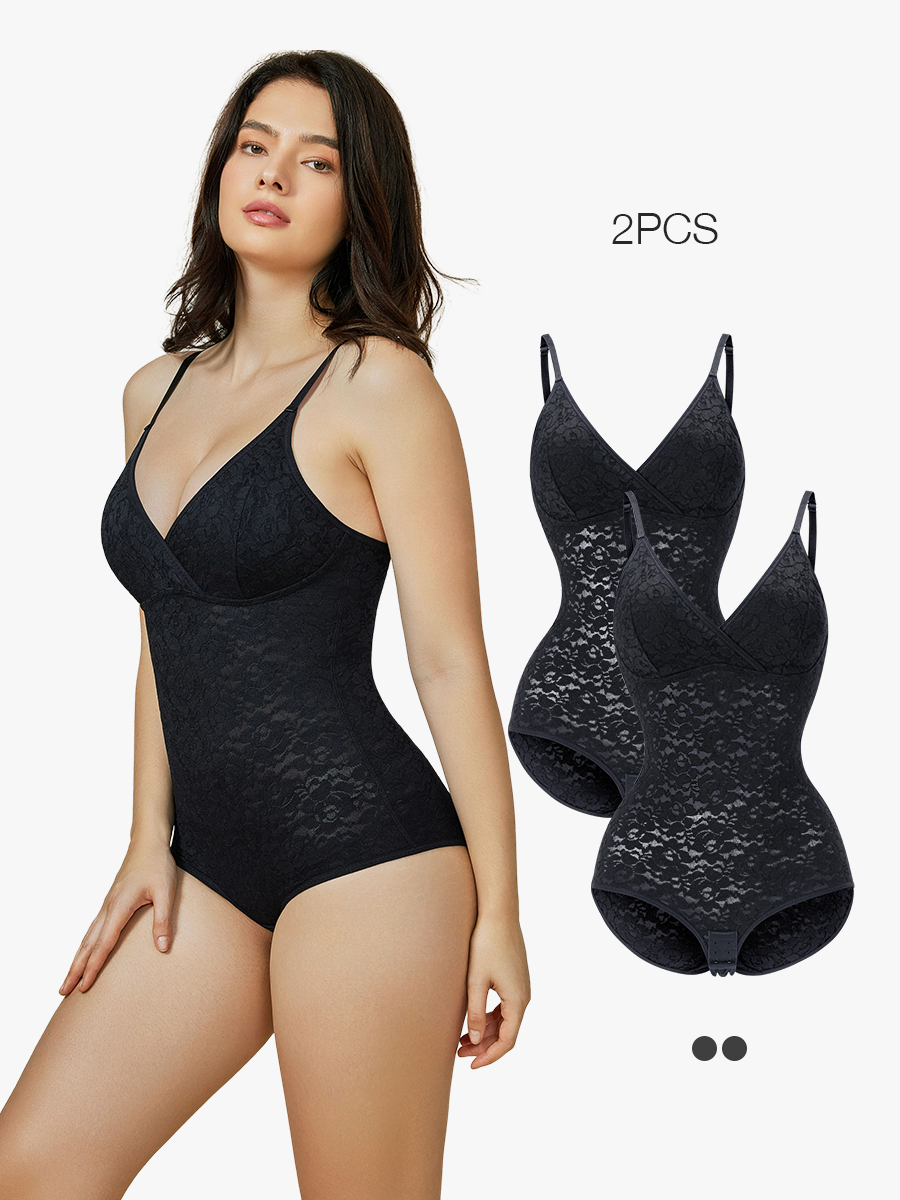 2 Pieces Sexy Lace V-Neck Bodysuit Spaghetti Strap Tummy Control Shapewear Brief-Brabic