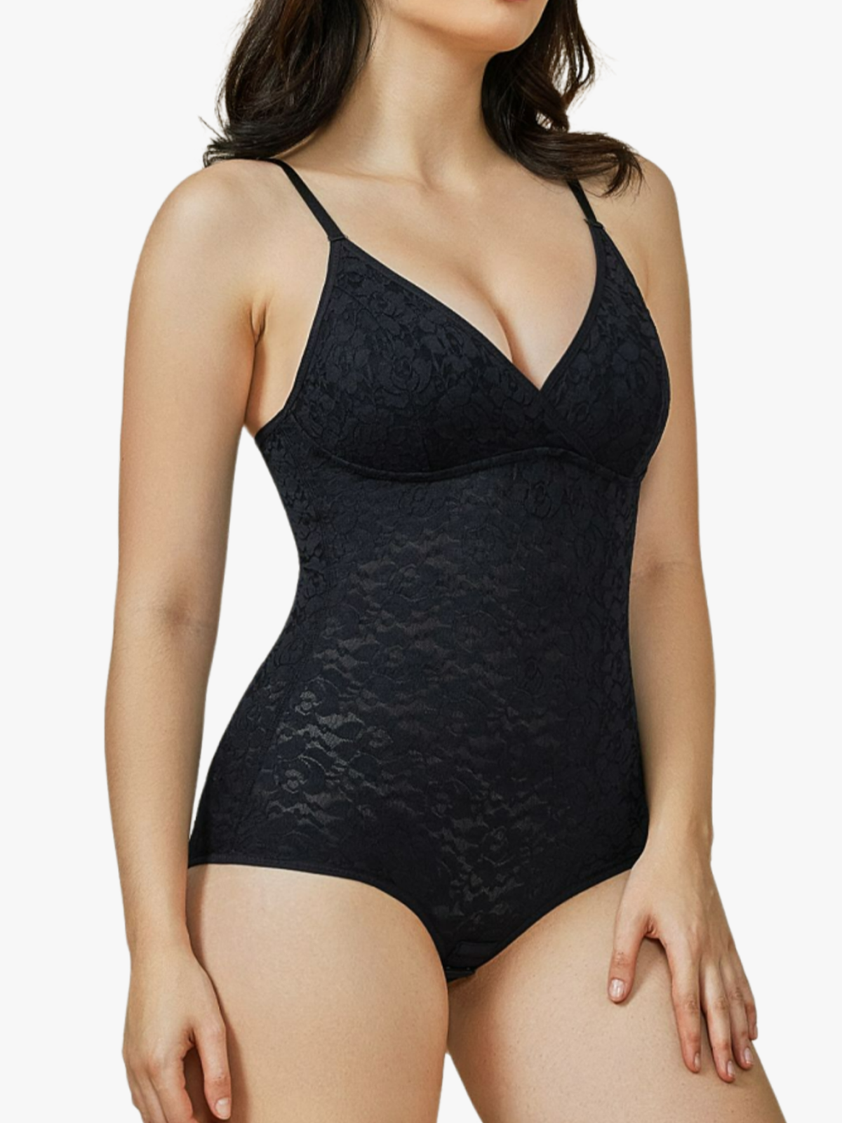 2 Pieces Sexy Lace V-Neck Bodysuit Spaghetti Strap Tummy Control Shapewear Brief-Brabic