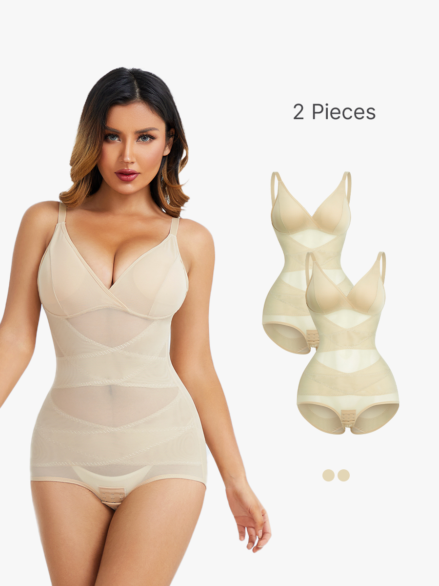 2 Pieces Firm Tummy Control Full Body Shaper Butt Lift Mesh Shapewear Bodysuit-Brabic