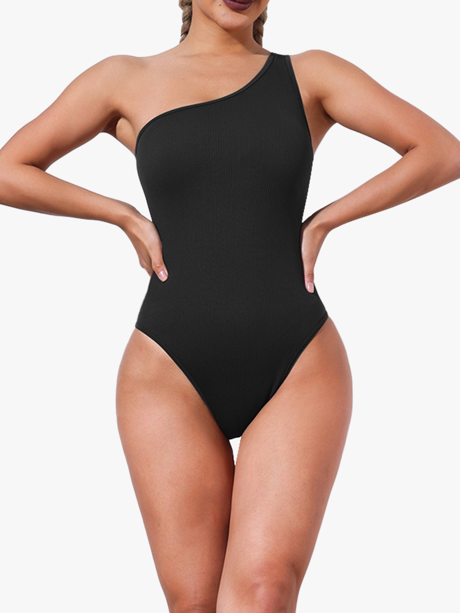 Sculpting One Shoulder  Sleeveless One Piece Briefs Bodysuit-Brabic