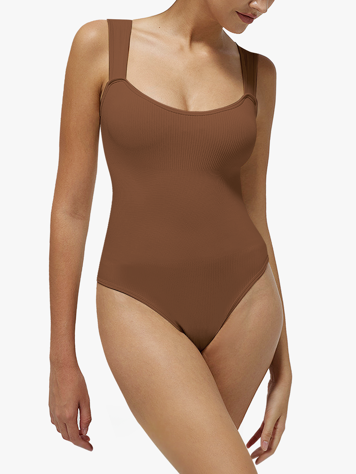 Ribbed Sculpting Crotch Opening Square Neck Cheeky Bodysuits-Brabic