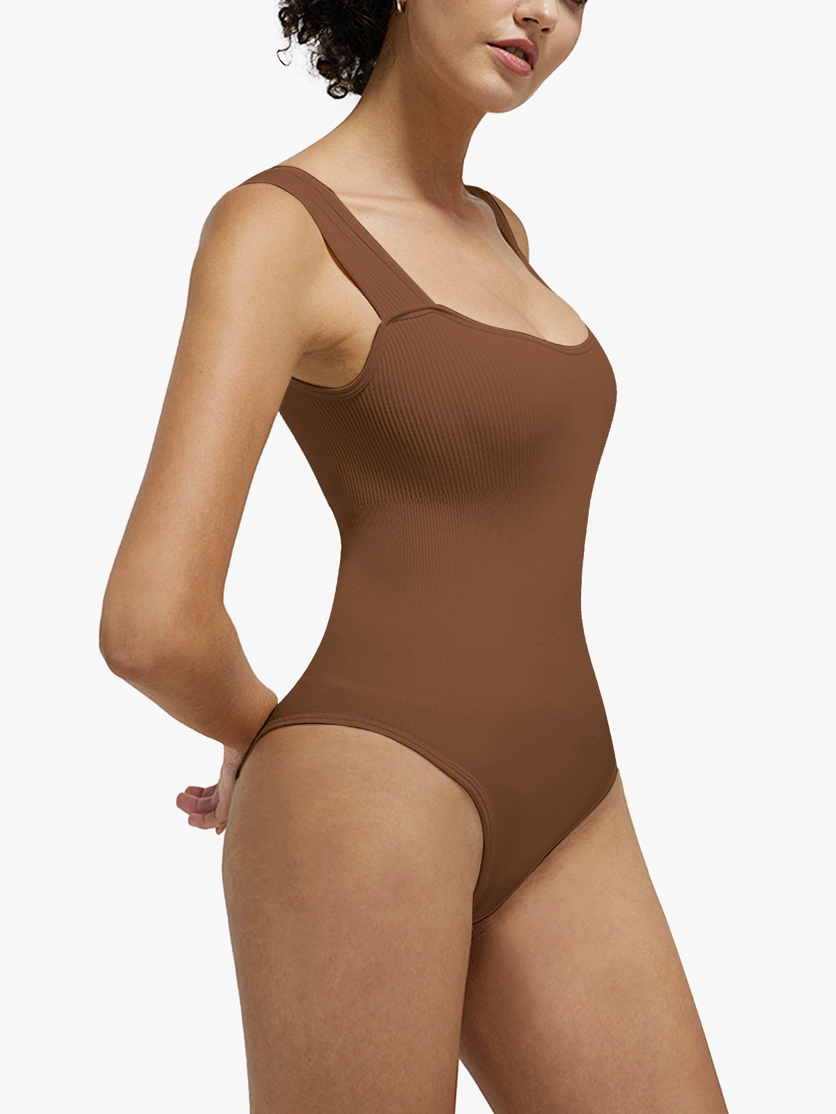 Ribbed Sculpting Crotch Opening Square Neck Cheeky Bodysuits-Brabic