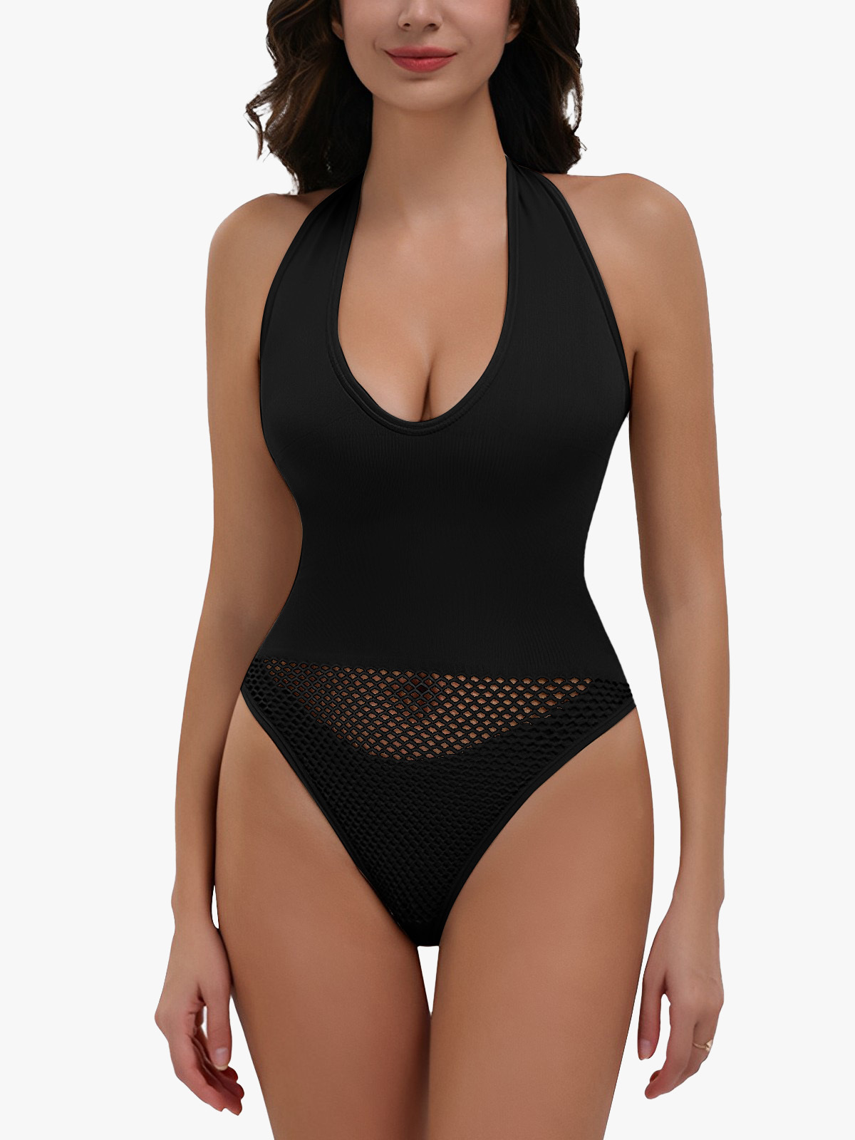 Seamless Mesh Bottom Breathable Tummy Control Halter Thong Bodysuit-Brabic