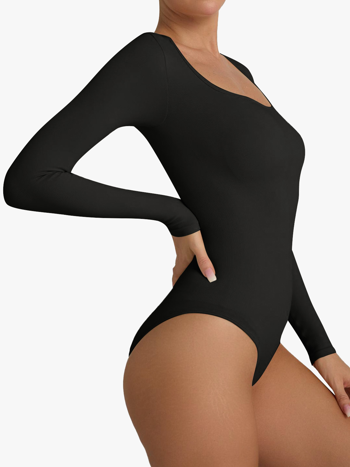 Ribbed Sculpting Crotch Opening Square Neck Thong Bodysuits-Brabic