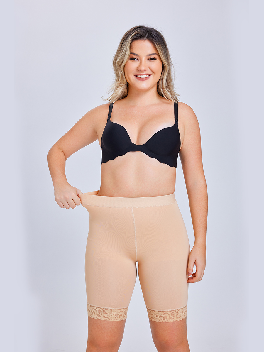 Seamless Lace Detail High-Waist Above Knee Shorts Control Panties-Brabic