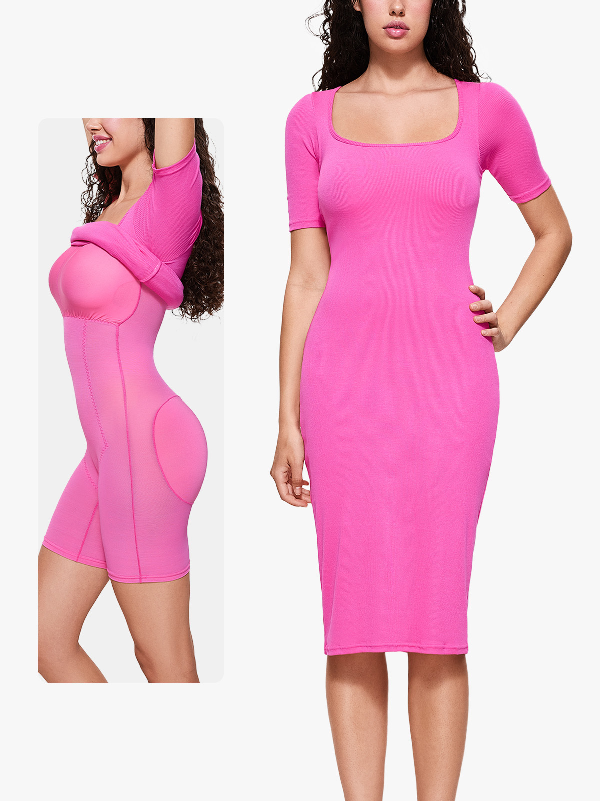 2 in 1 Shapewear Short Sleeve Square Neck Bodycon Midi Dress-Brabic