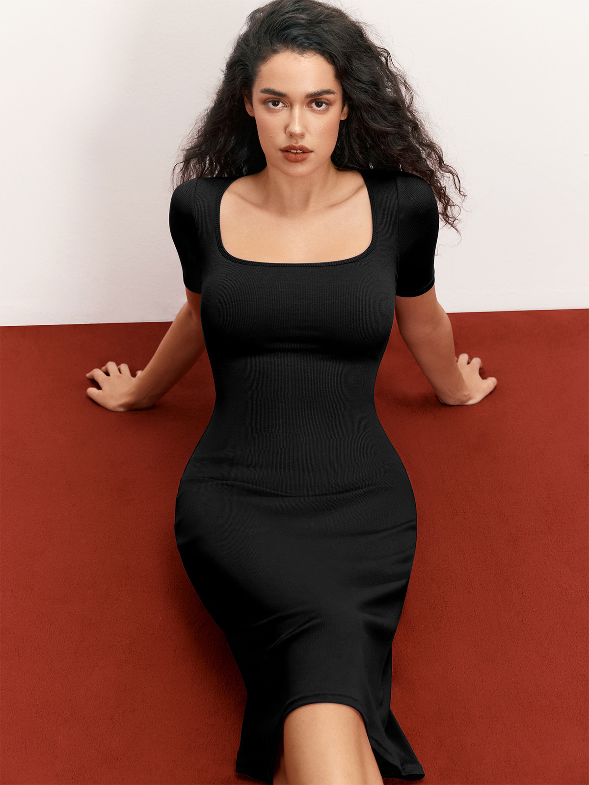 2 in 1 Shapewear Short Sleeve Square Neck Bodycon Midi Dress-Brabic