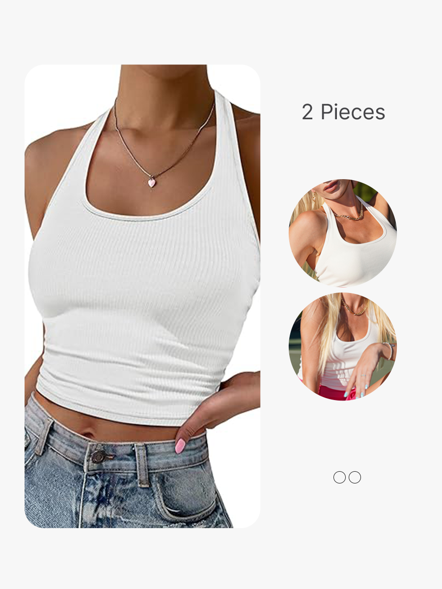 BRABIC 2-Piece Set Women Halter Top Backless Scroop Neck Slim Stretchy Ribbed Knit Camisole Crop Tops S-XXL CT005