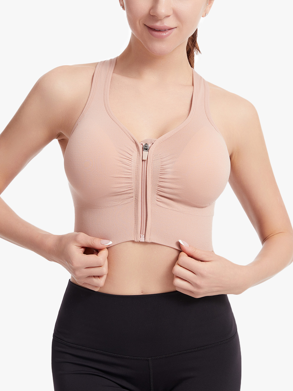 Front Zipper Pleated Design Workout Everyday Bra-Brabic