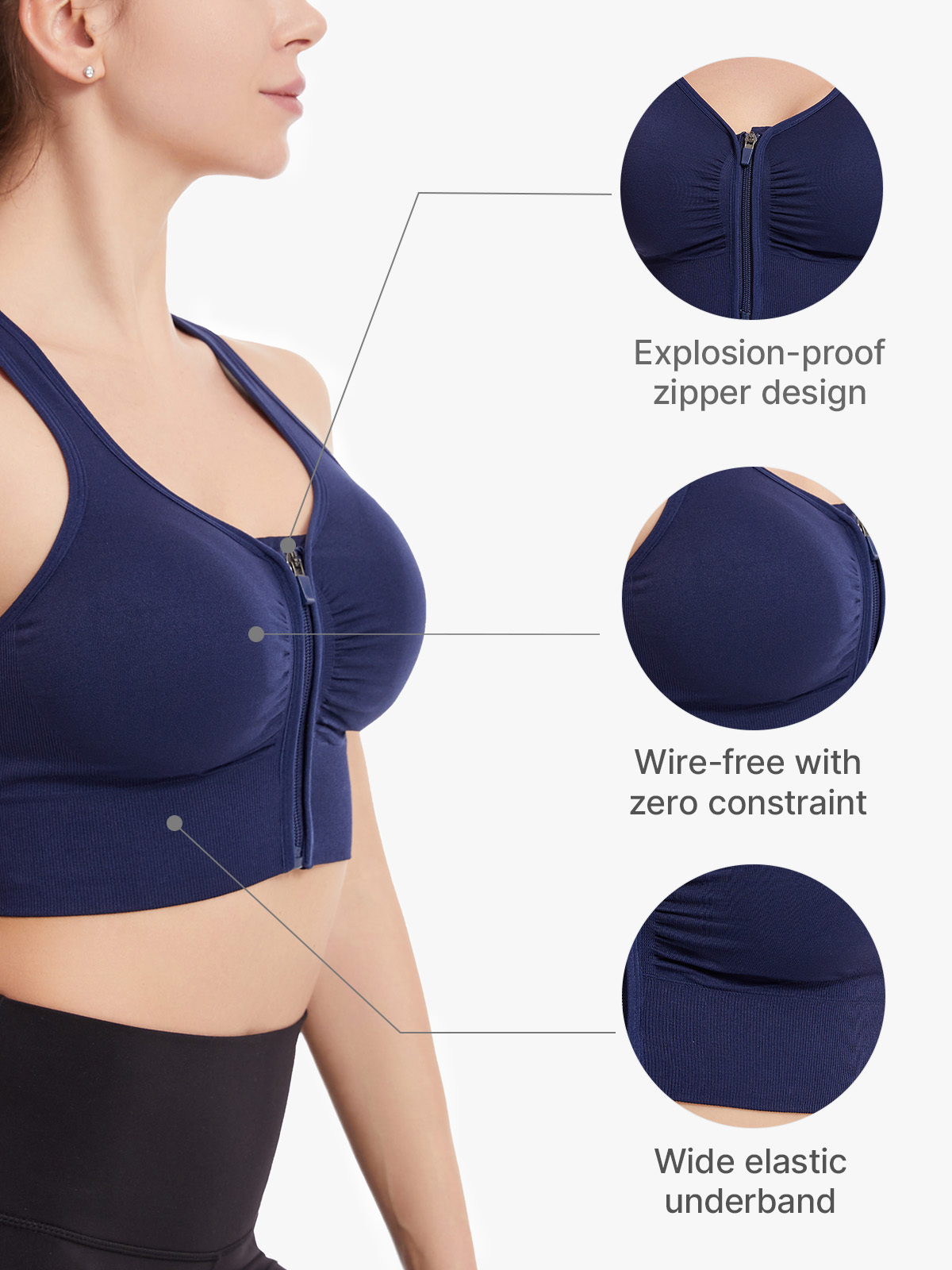 Front Zipper Pleated Design Workout Everyday Bra-Brabic