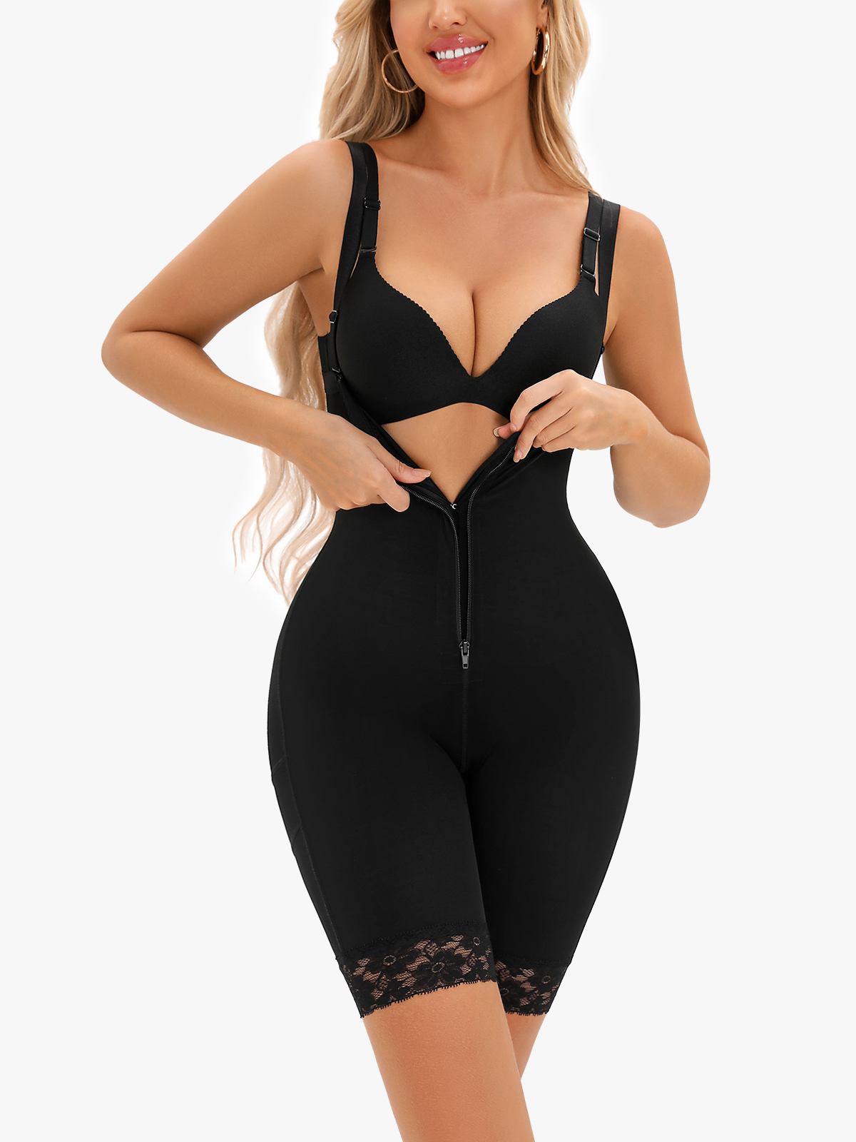 Front Zipper Crotch Opening Open Bust Mid Thigh Bodysuit-Brabic