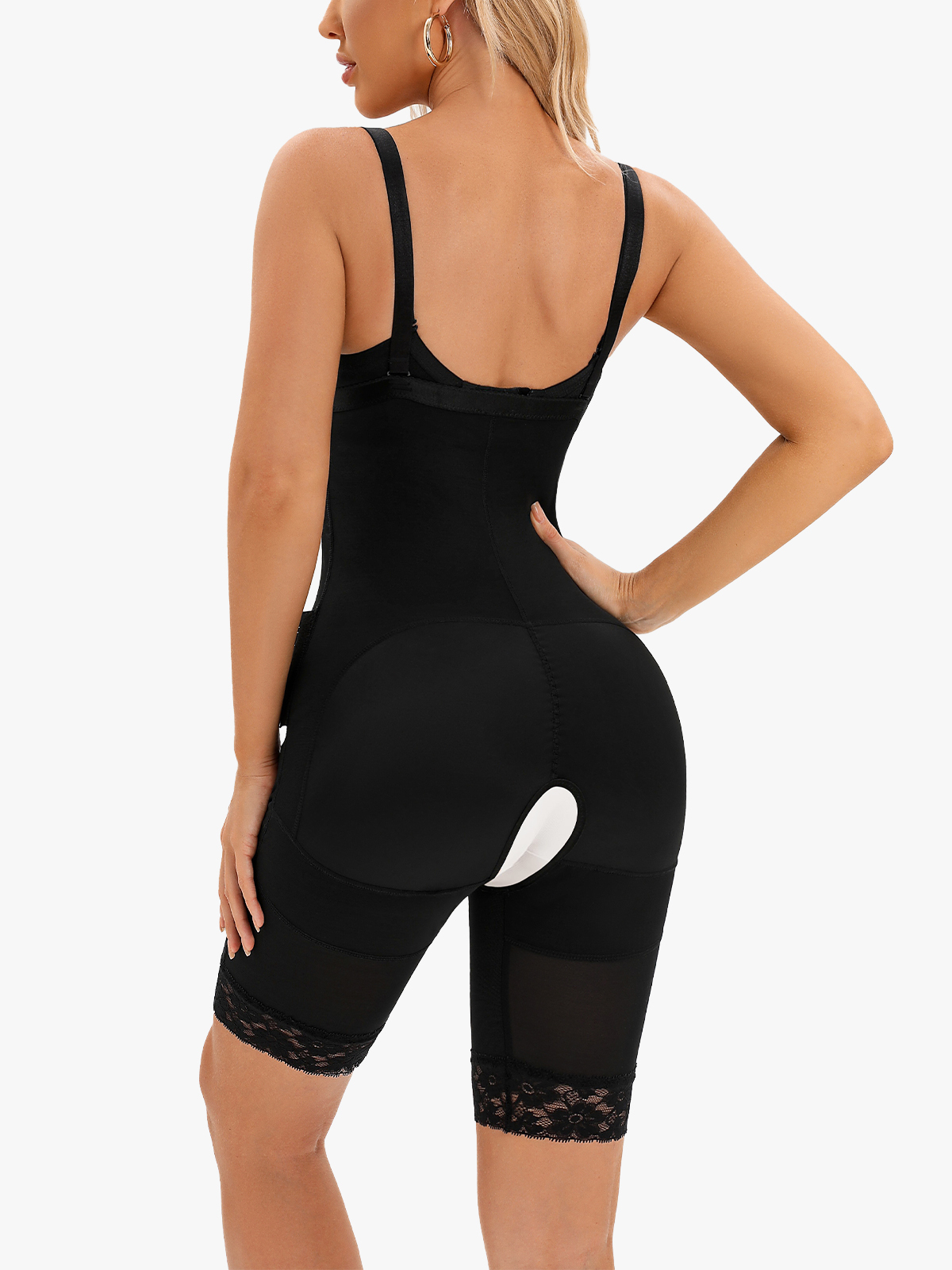 Front Zipper Crotch Opening Open Bust Mid Thigh Bodysuit-Brabic
